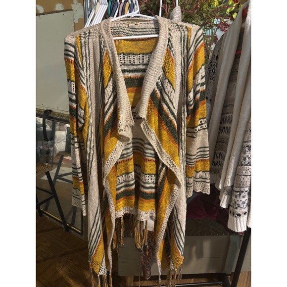 One World Fringe Open Front Cardigan Sweater Knit Boho Mustard Green - Picture 1 of 4